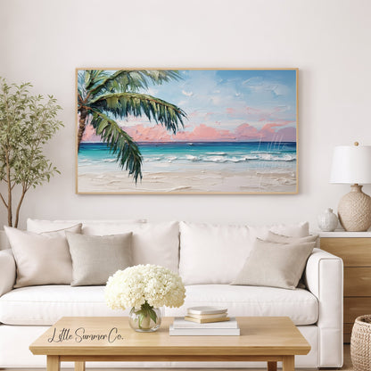 Tropical Beach with Palm Tree Frame TV Art displayed on a TV