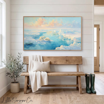Polar Bears on Arctic Ice Frame TV Art displayed on a TV