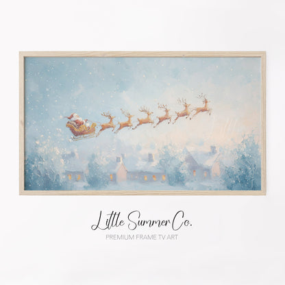 Santa's Sleigh over Snowy Village Frame TV Art displayed on a TV