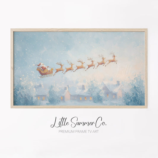 Santa's Sleigh over Snowy Village Frame TV Art displayed on a TV