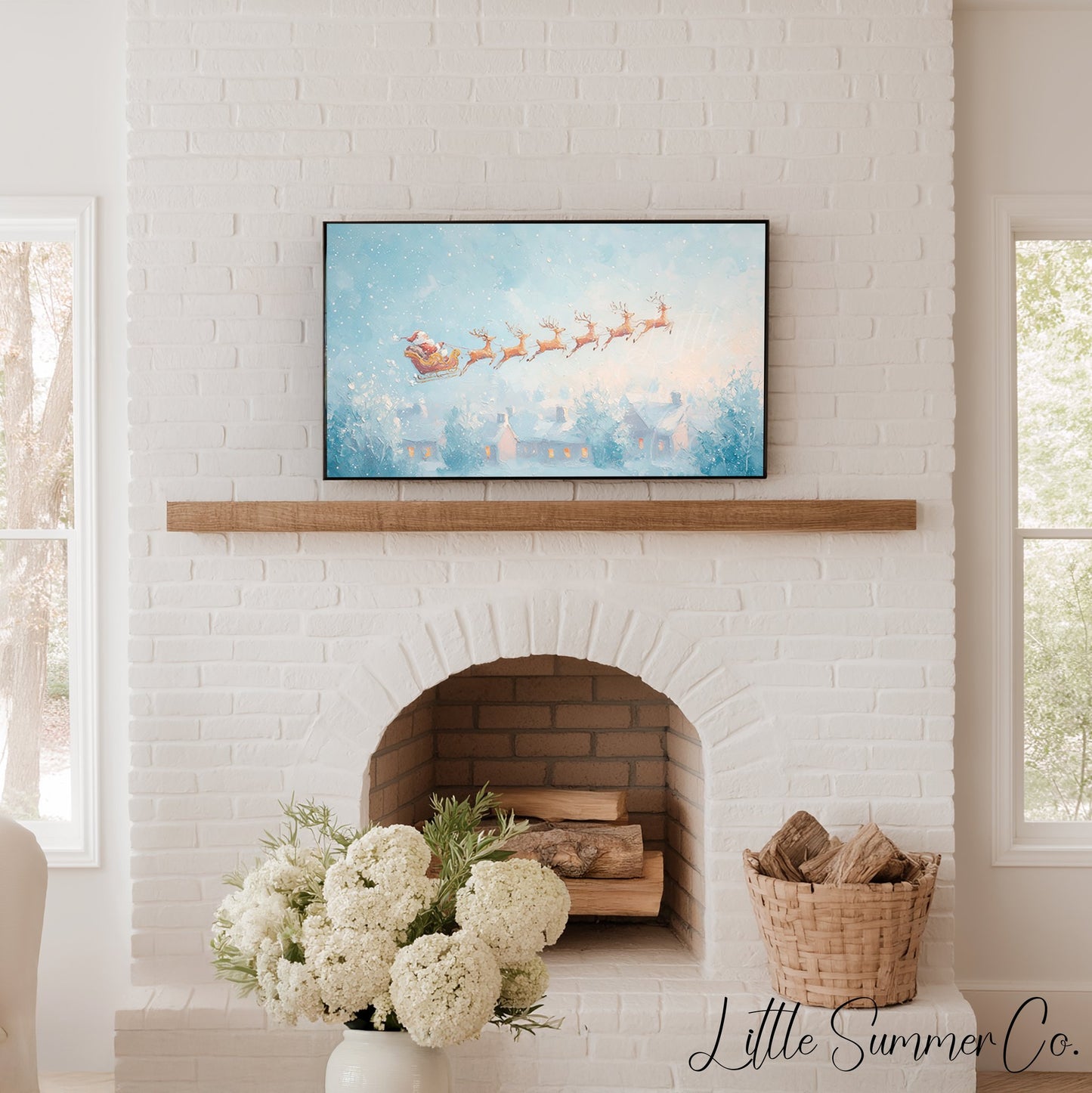 Santa's Sleigh over Snowy Village Frame TV Art displayed on a TV