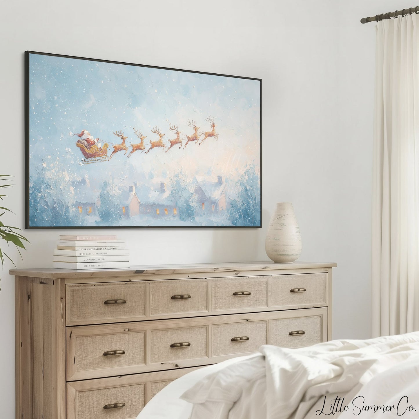 Santa's Sleigh over Snowy Village Frame TV Art displayed on a TV