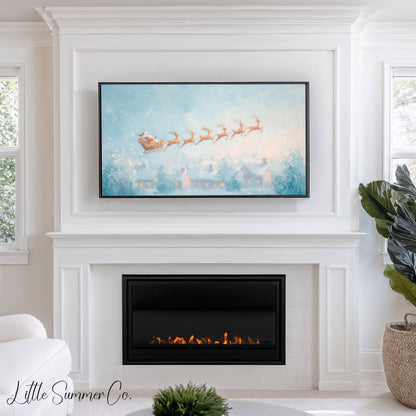 Santa's Sleigh over Snowy Village Frame TV Art displayed on a TV