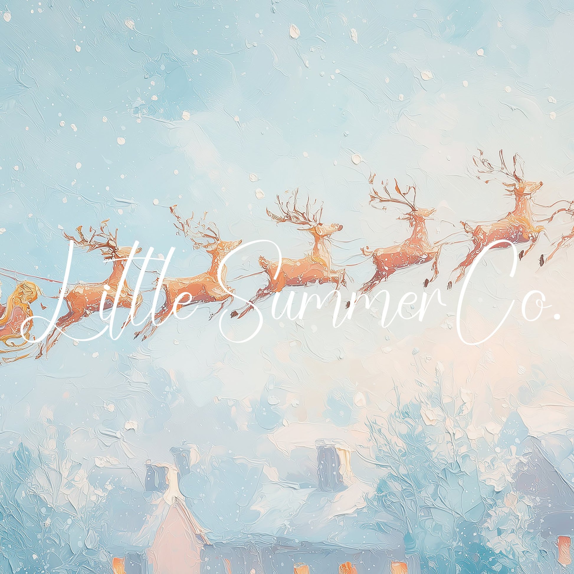 Santa's Sleigh over Snowy Village Frame TV Art displayed on a TV