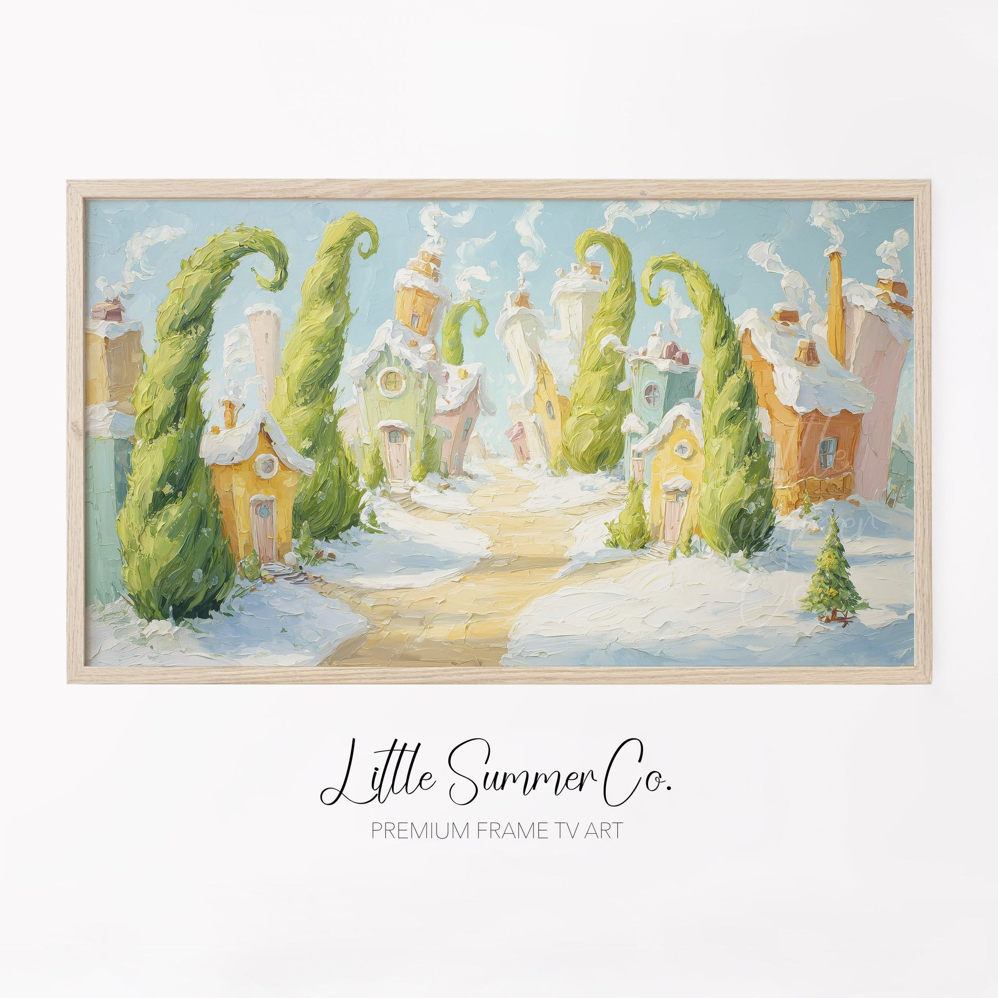 Whimsical Snowy Village Frame TV Art displayed on a TV