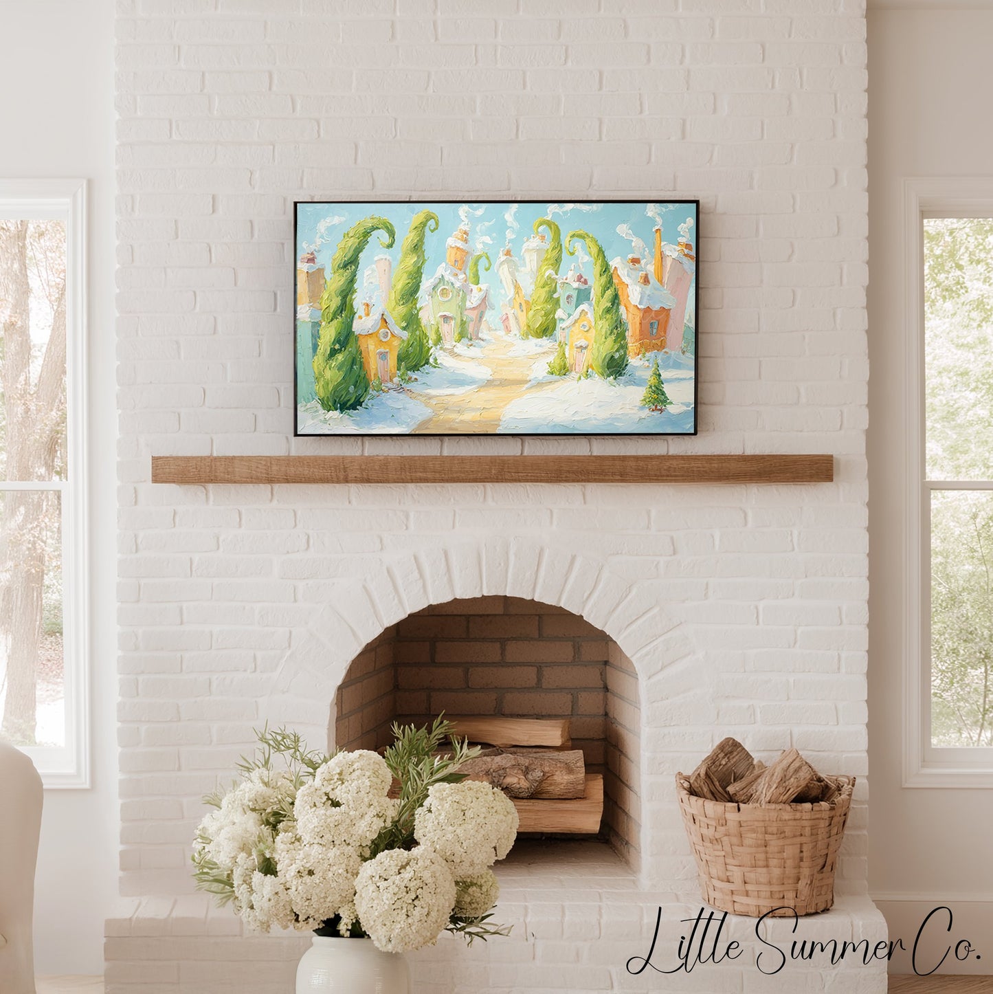 Whimsical Snowy Village Frame TV Art displayed on a TV