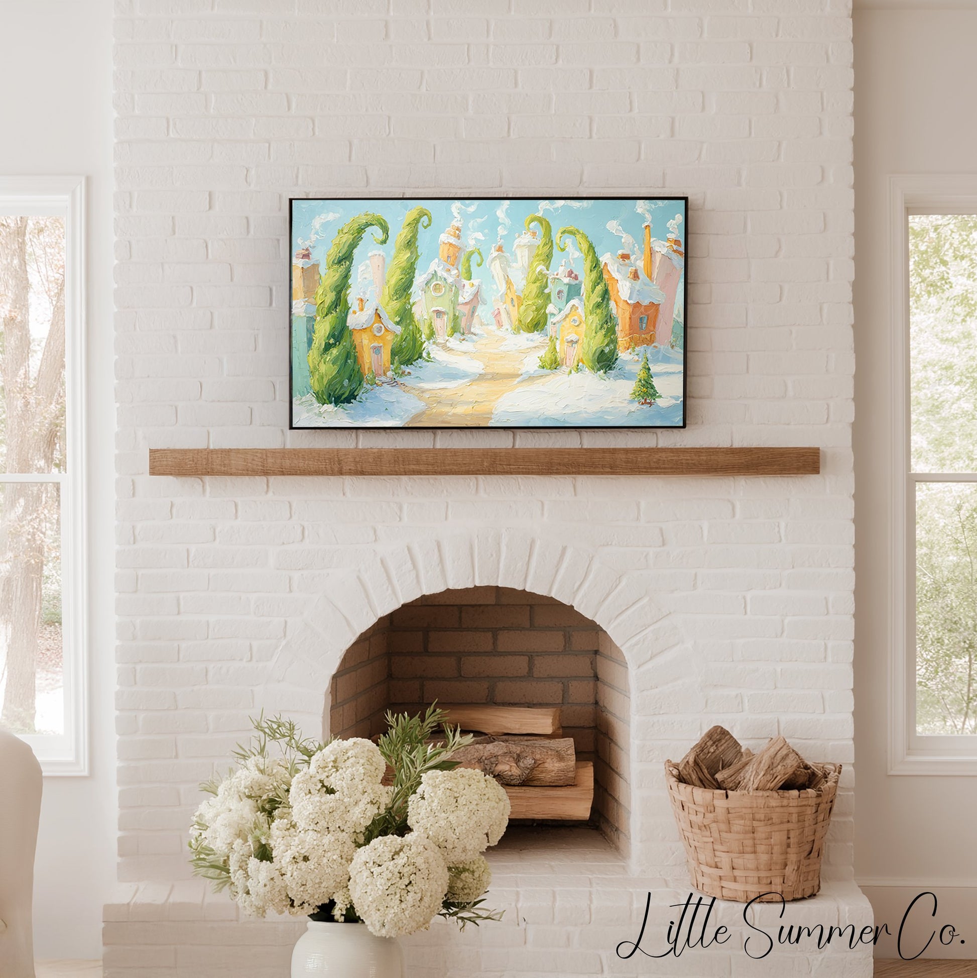 Whimsical Snowy Village Frame TV Art displayed on a TV