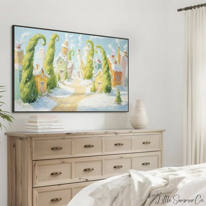Whimsical Snowy Village Frame TV Art displayed on a TV