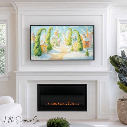 Whimsical Snowy Village Frame TV Art displayed on a TV