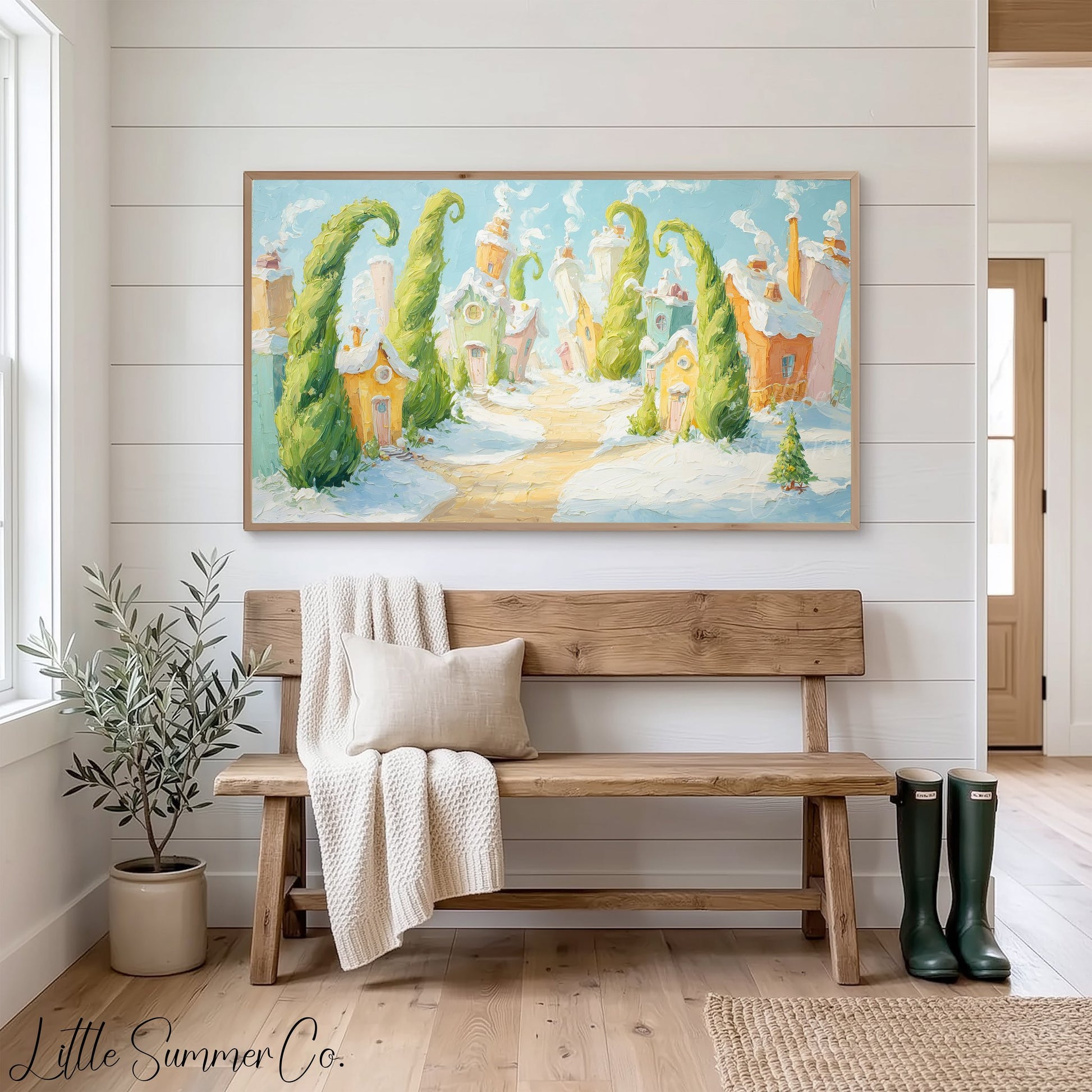 Whimsical Snowy Village Frame TV Art displayed on a TV