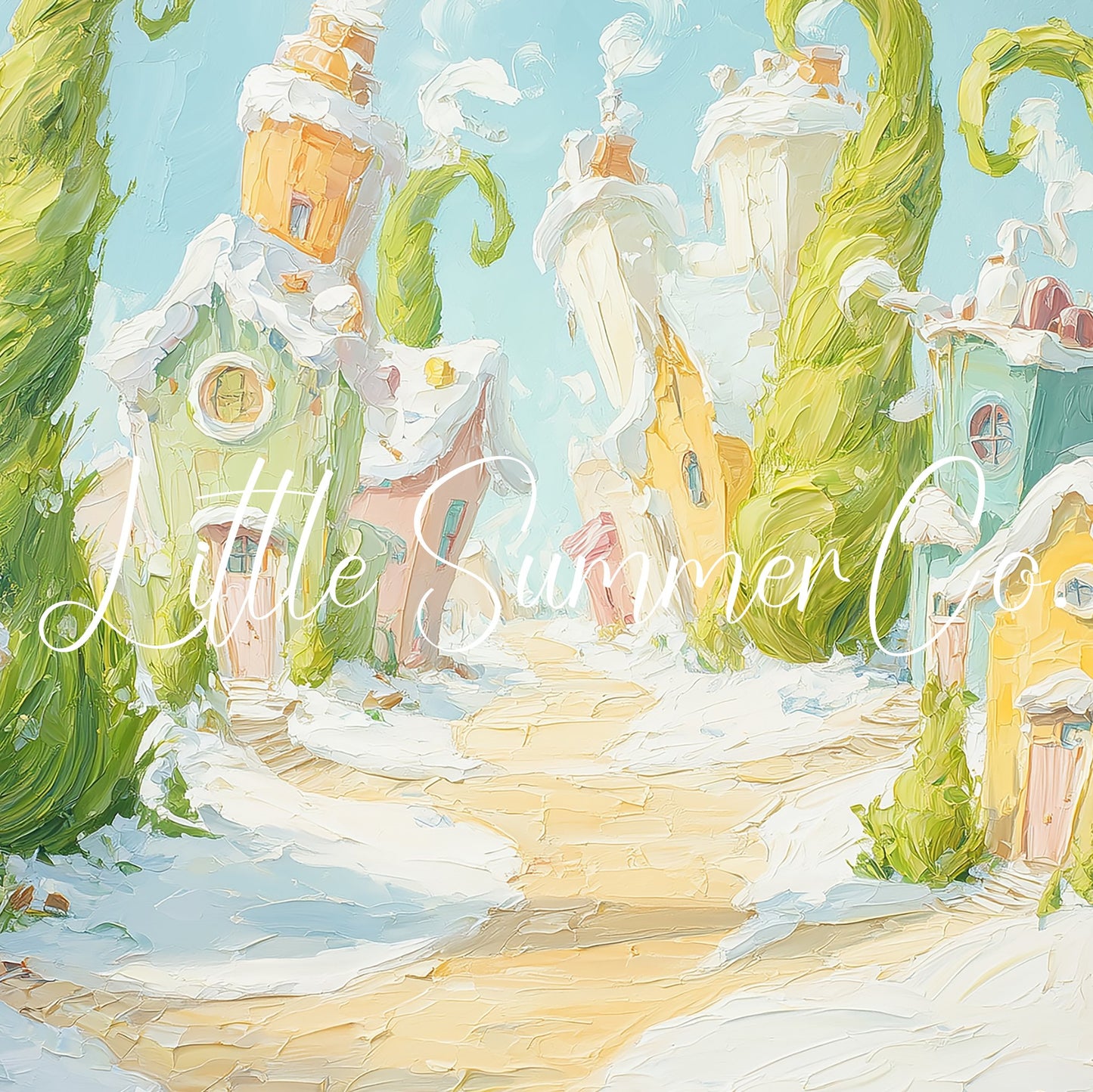 Whimsical Snowy Village Frame TV Art displayed on a TV
