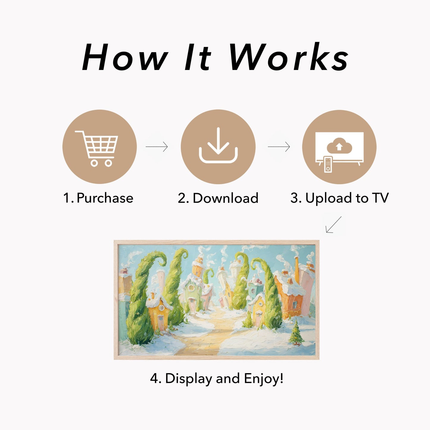 Whimsical Snowy Village Frame TV Art displayed on a TV