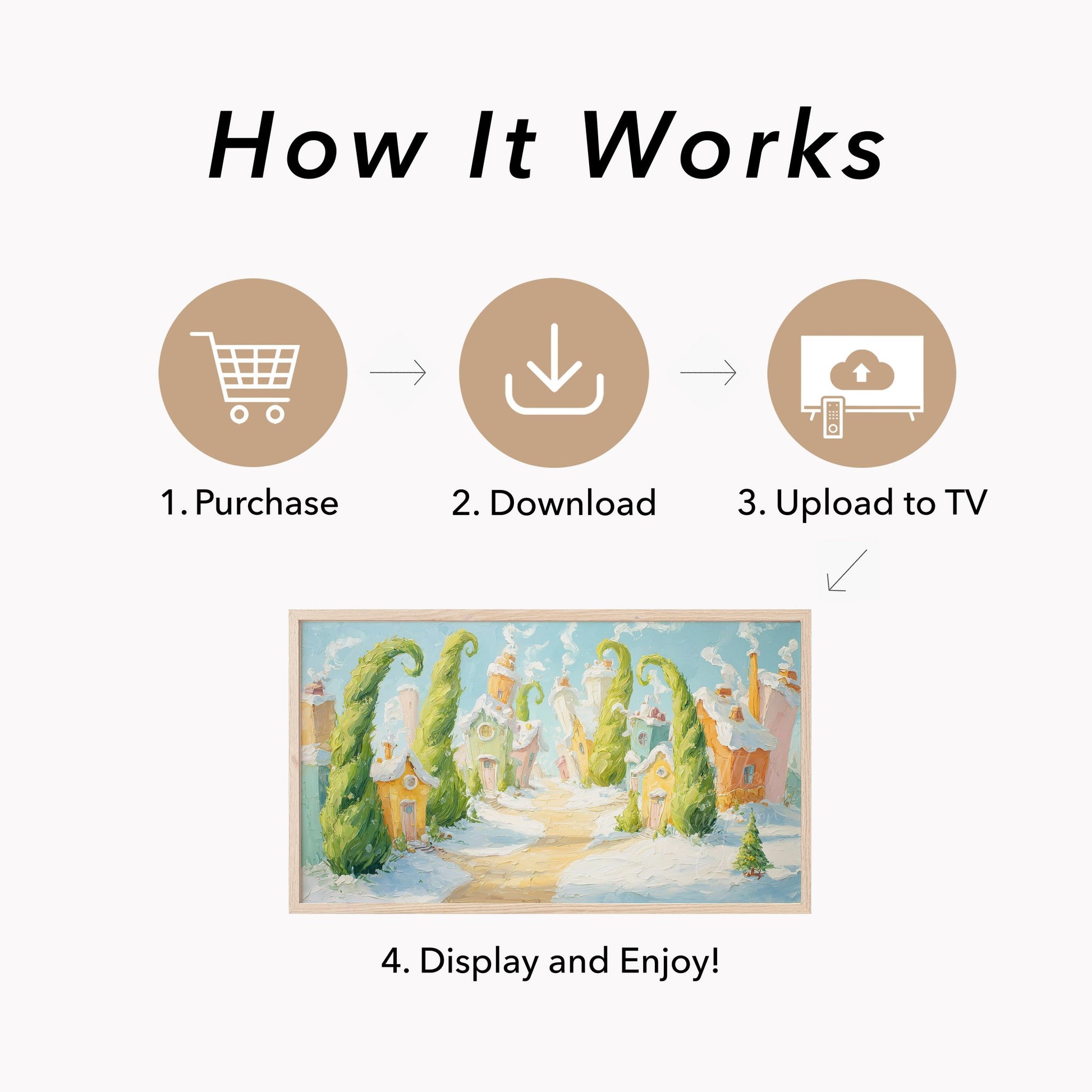 Whimsical Snowy Village Frame TV Art displayed on a TV