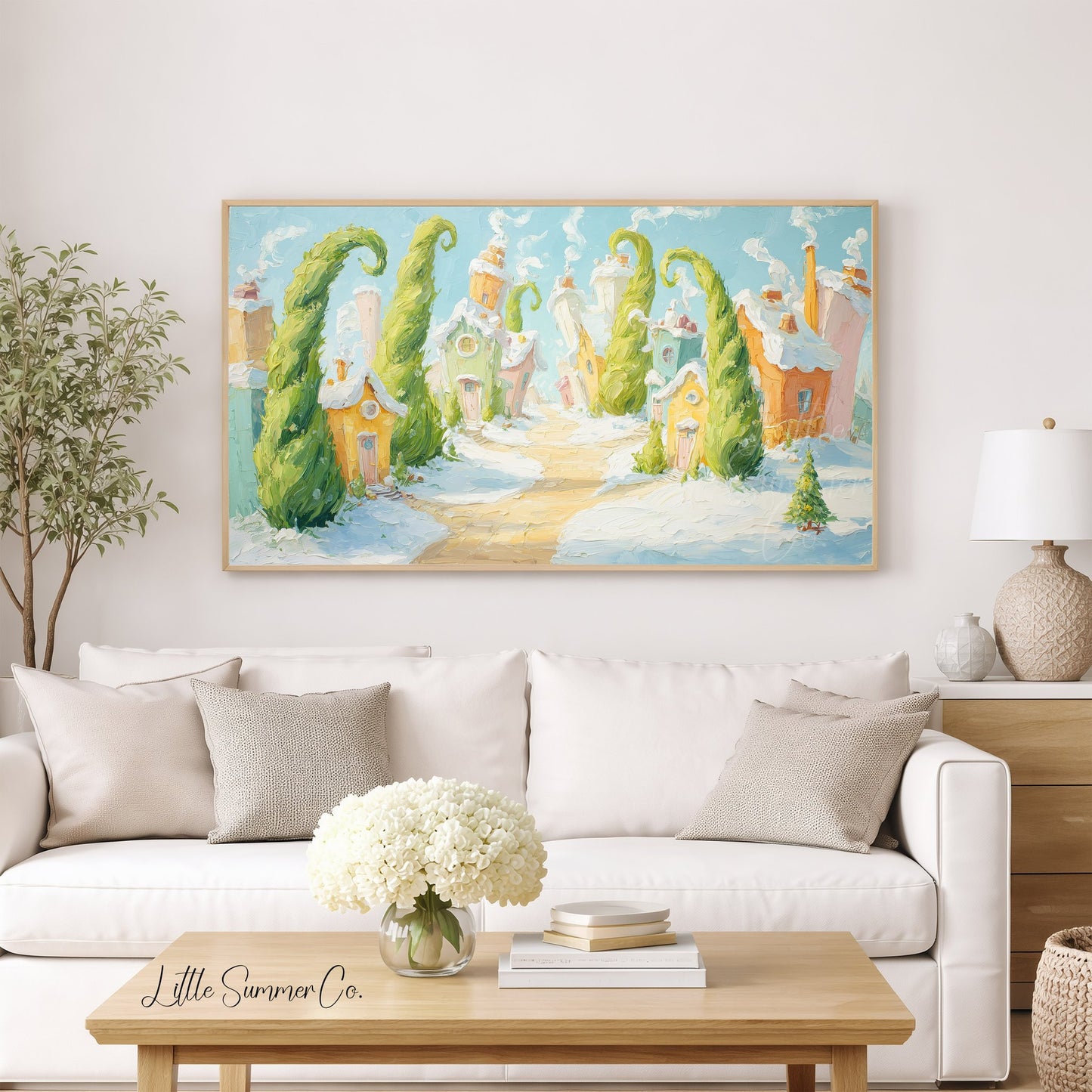 Whimsical Snowy Village Frame TV Art displayed on a TV