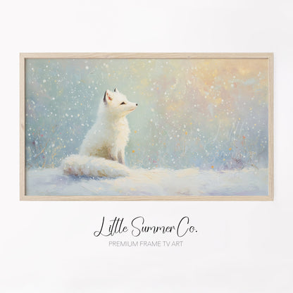 Arctic Fox in Snowfall Frame TV Art displayed on a TV