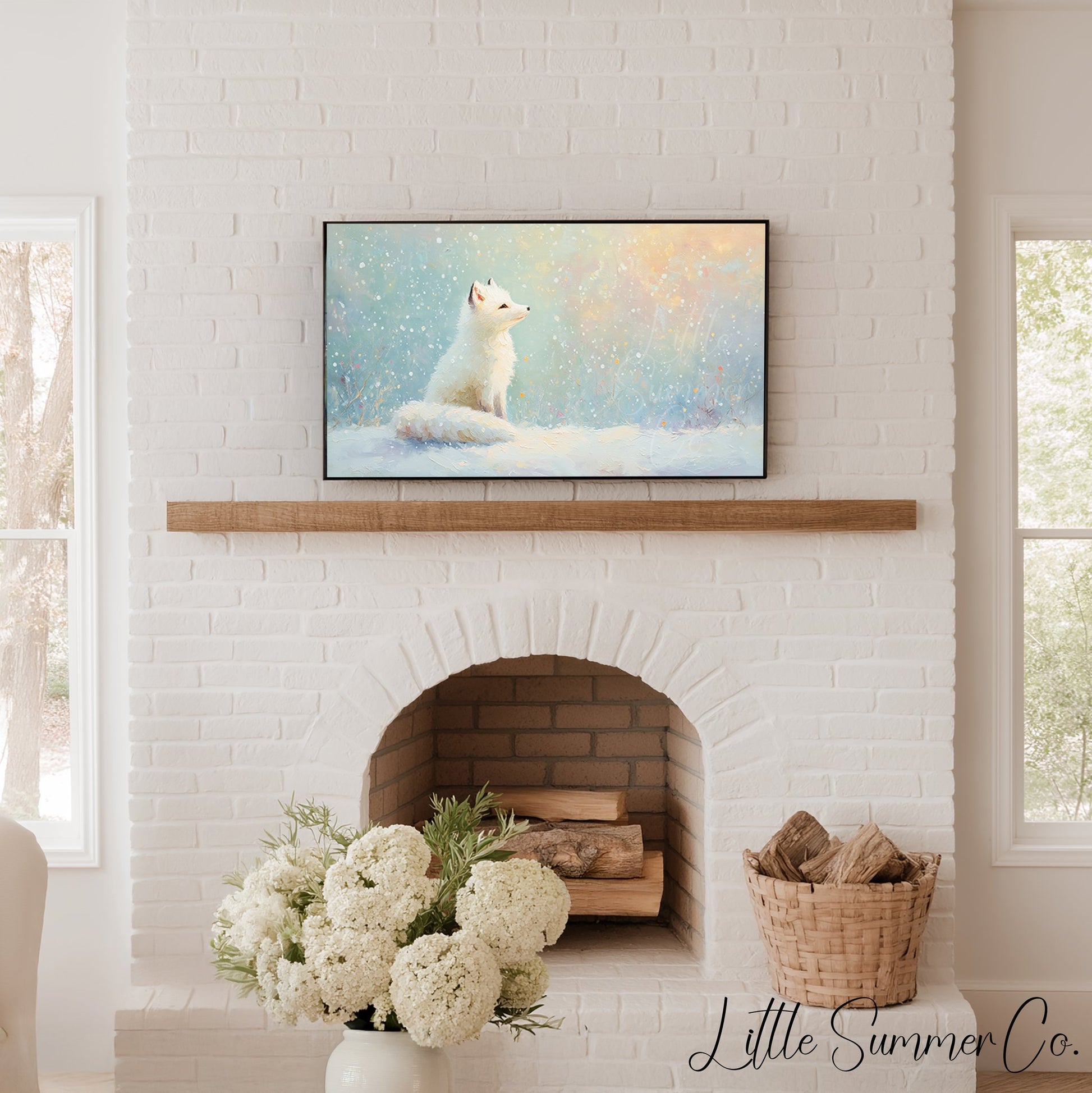Arctic Fox in Snowfall Frame TV Art displayed on a TV
