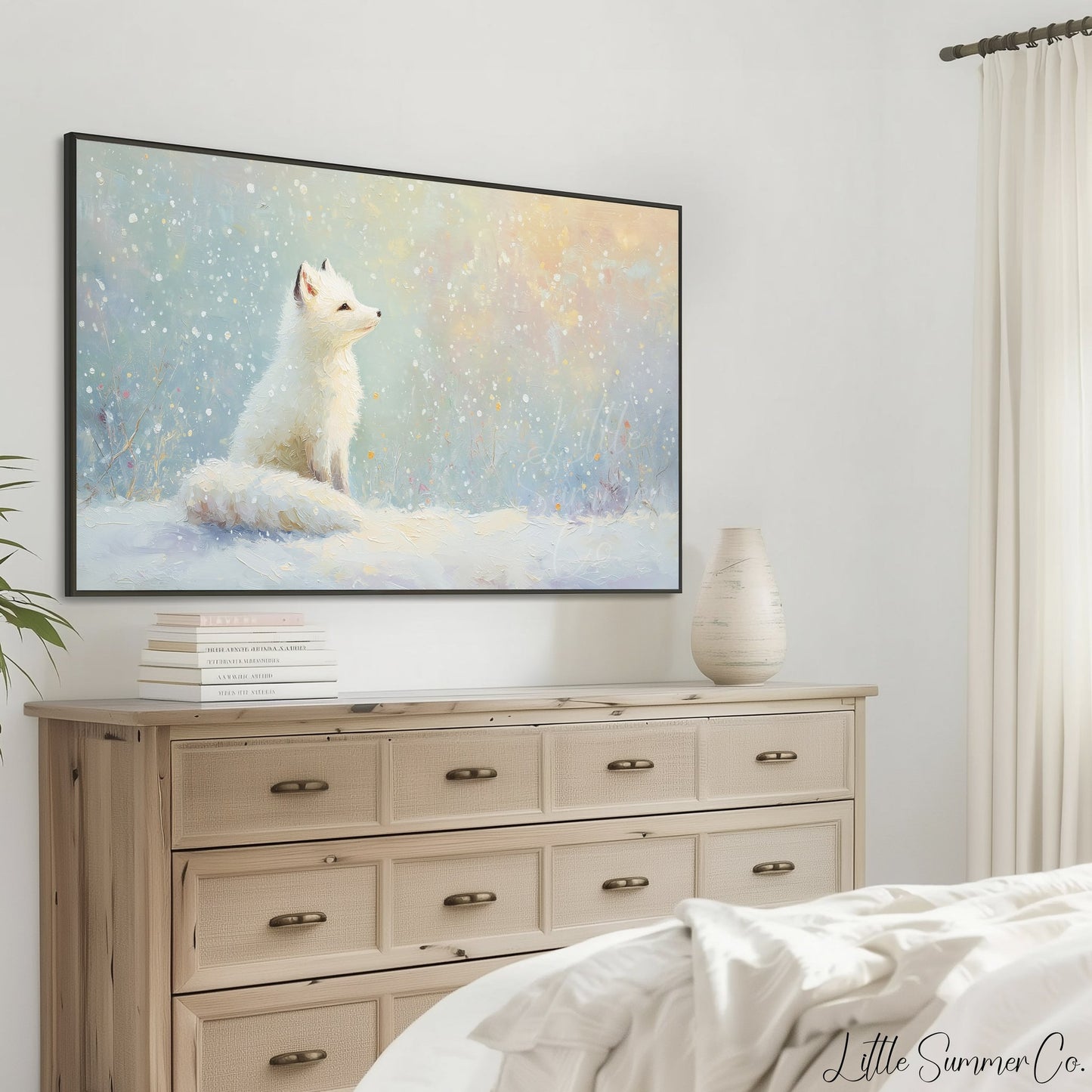 Arctic Fox in Snowfall Frame TV Art displayed on a TV