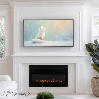 Arctic Fox in Snowfall Frame TV Art displayed on a TV