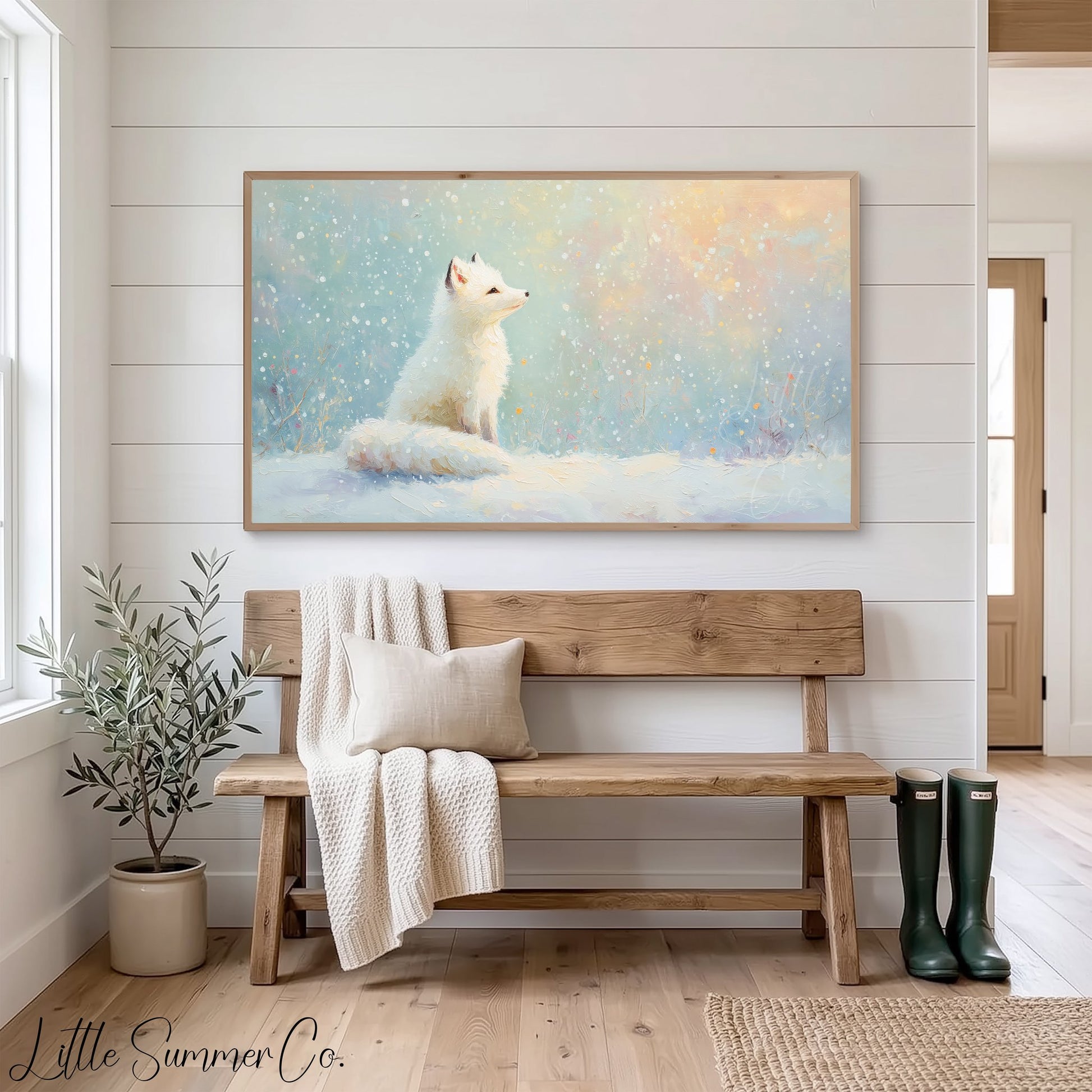 Arctic Fox in Snowfall Frame TV Art displayed on a TV