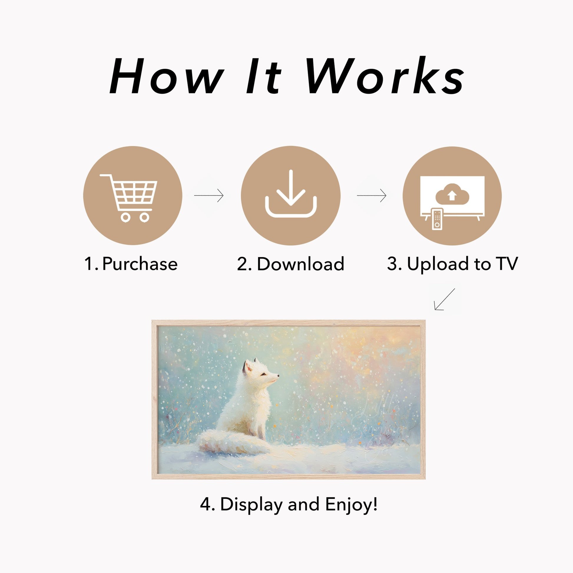 Arctic Fox in Snowfall Frame TV Art displayed on a TV