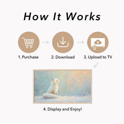 Arctic Fox in Snowfall Frame TV Art displayed on a TV