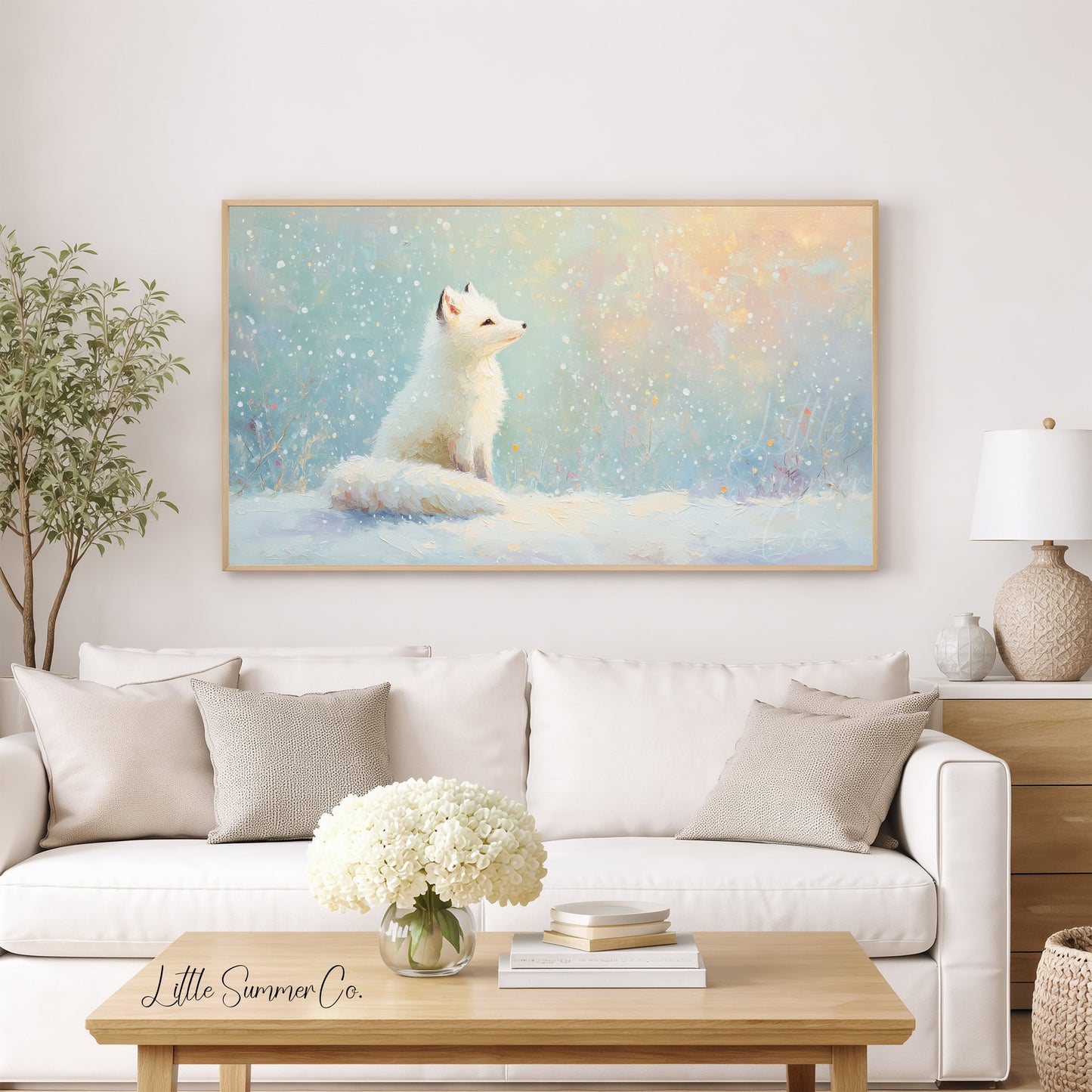 Arctic Fox in Snowfall Frame TV Art displayed on a TV