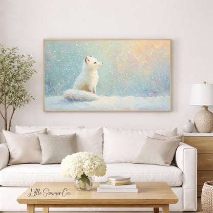 Arctic Fox in Snowfall Frame TV Art displayed on a TV