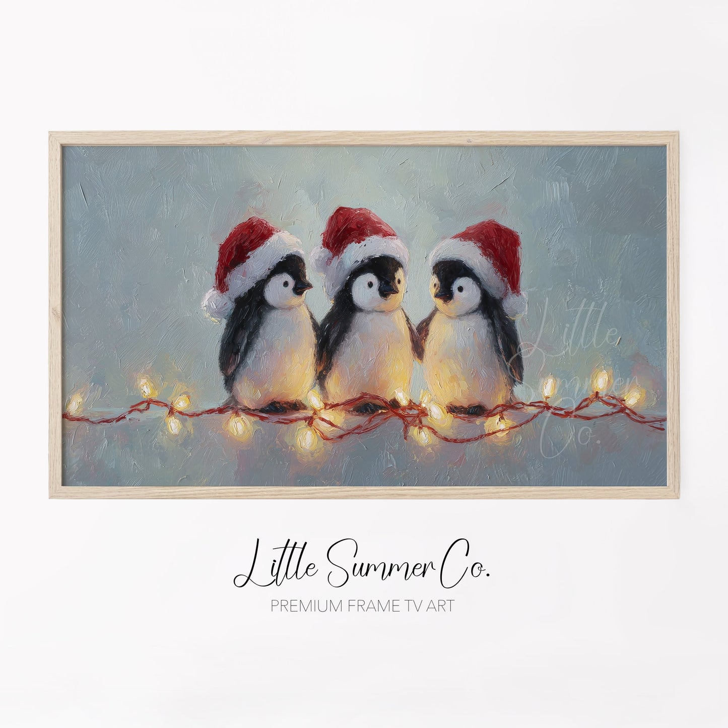 Penguins with Christmas Lights Frame TV Art displayed on a TV