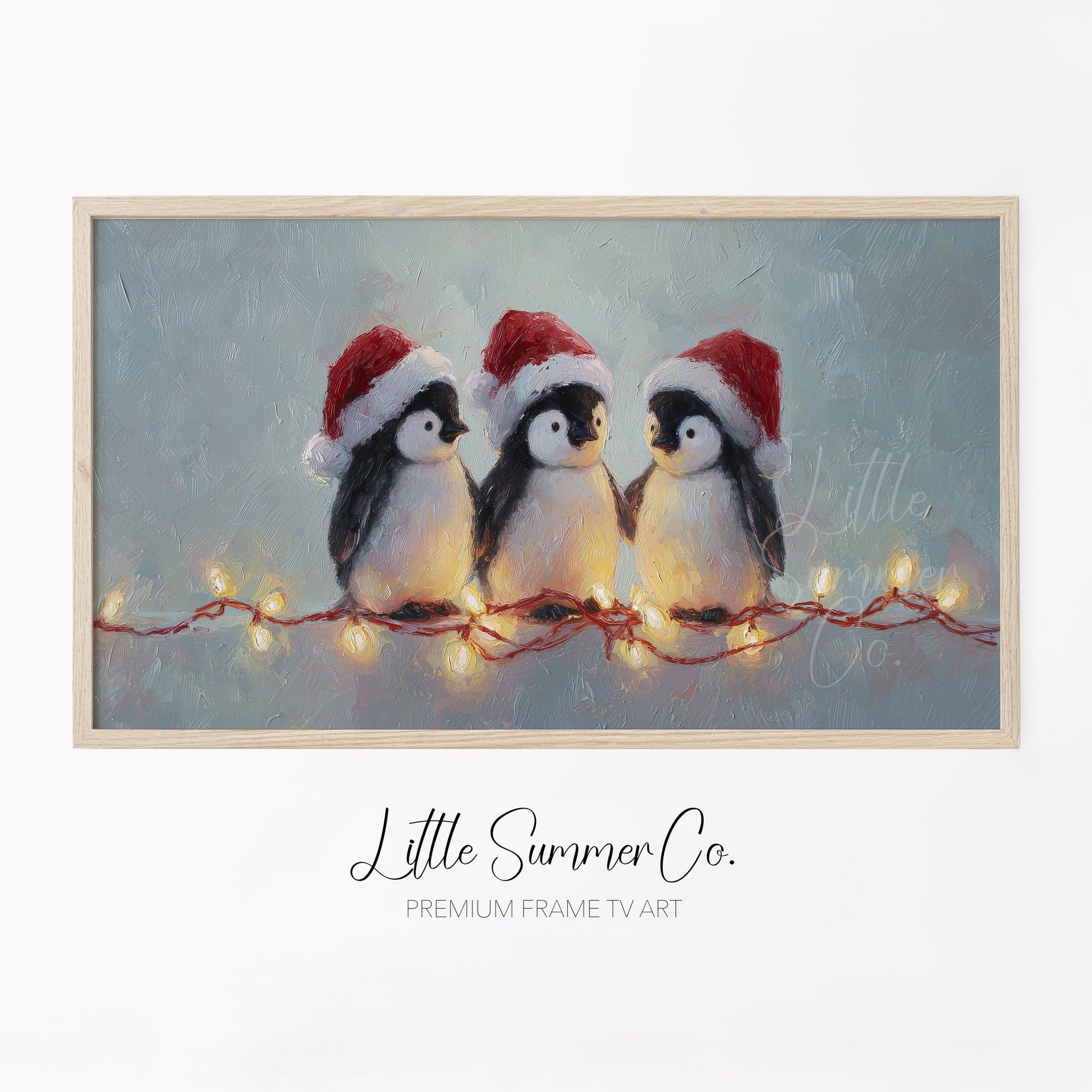 Penguins with Christmas Lights Frame TV Art displayed on a TV