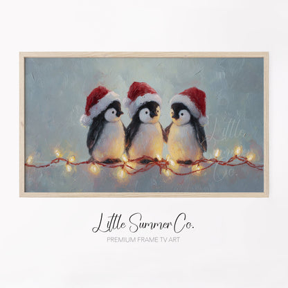Penguins with Christmas Lights Frame TV Art displayed on a TV