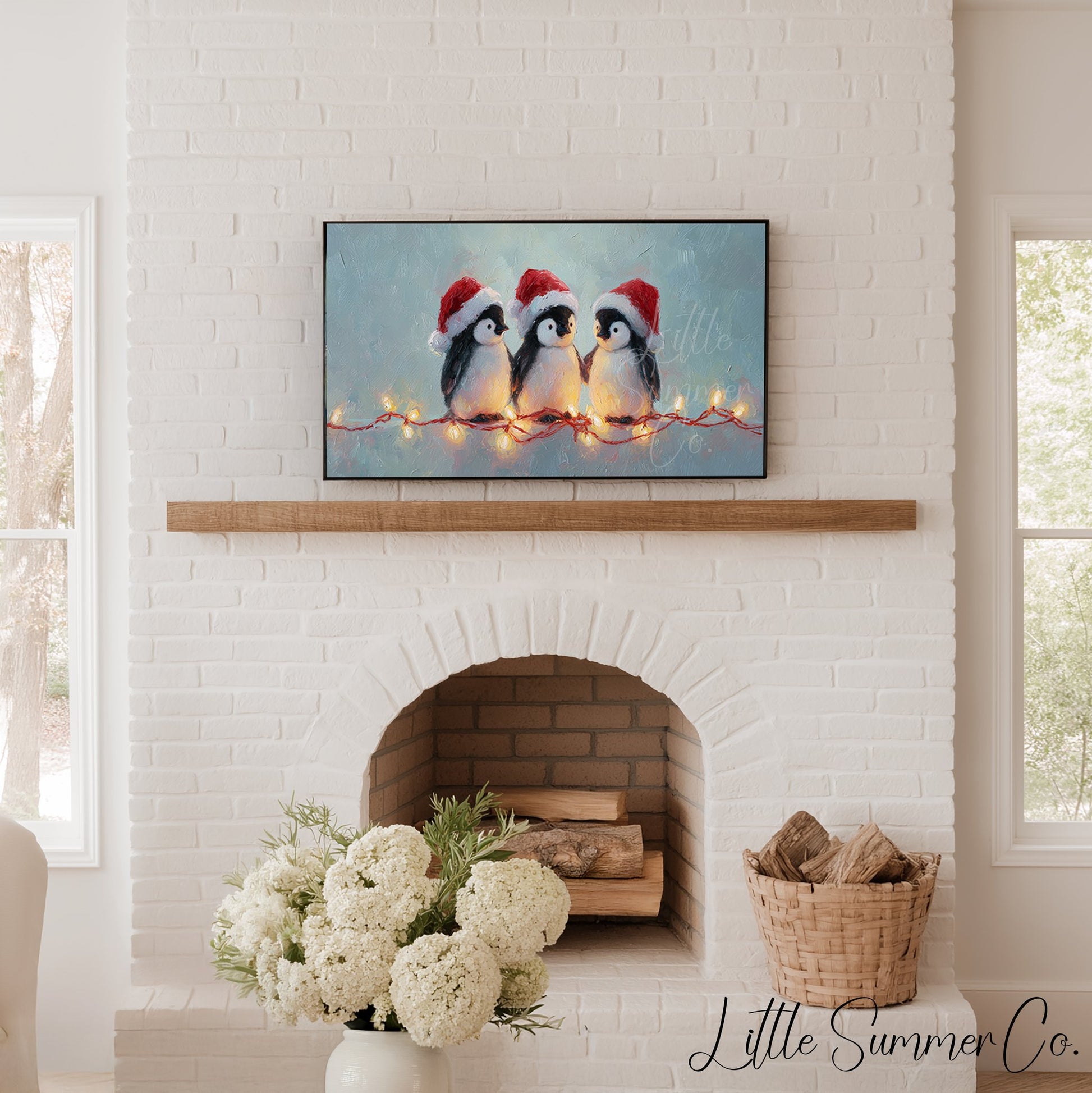 Penguins with Christmas Lights Frame TV Art displayed on a TV