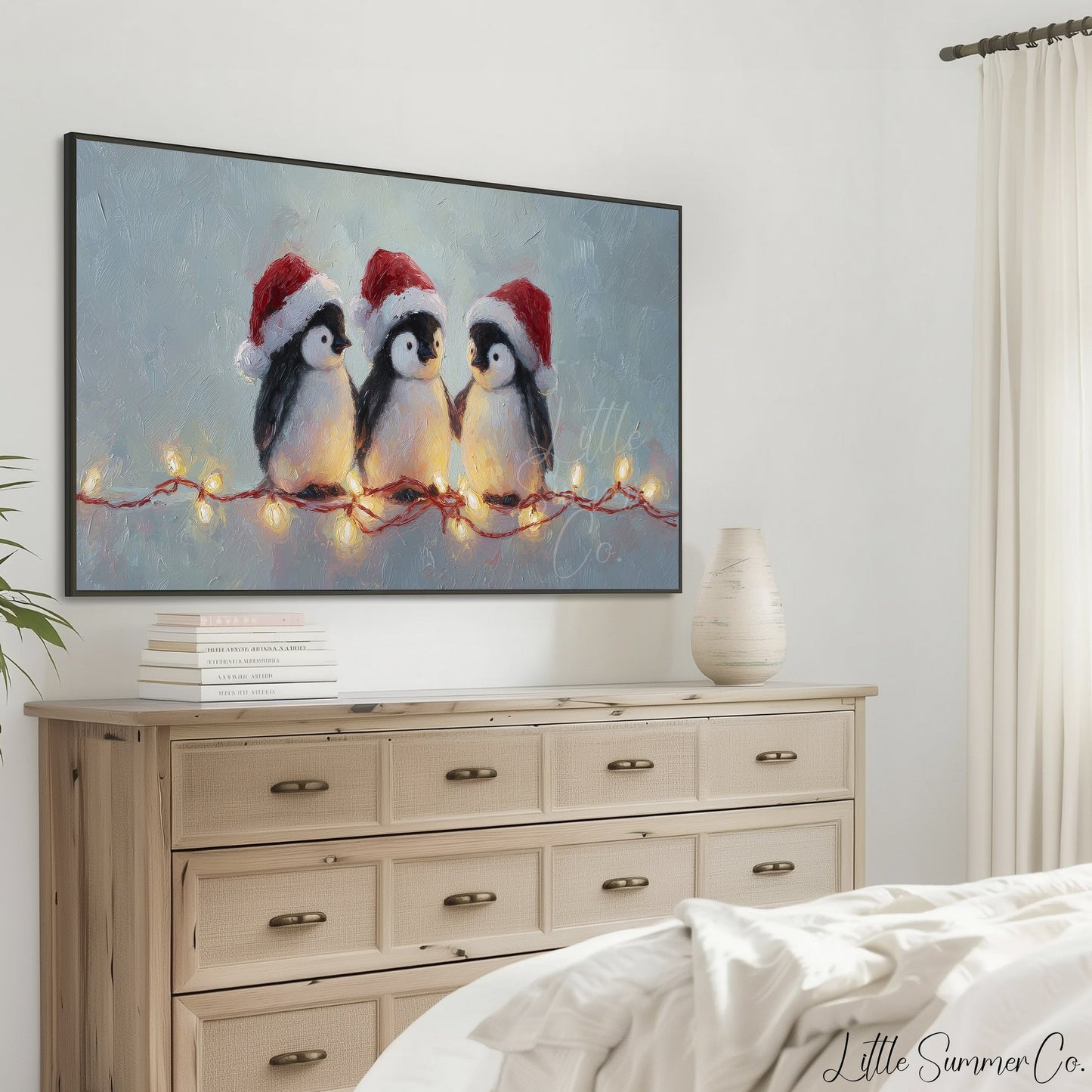 Penguins with Christmas Lights Frame TV Art displayed on a TV