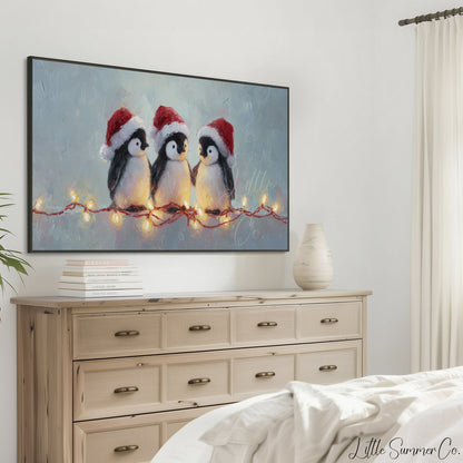 Penguins with Christmas Lights Frame TV Art displayed on a TV