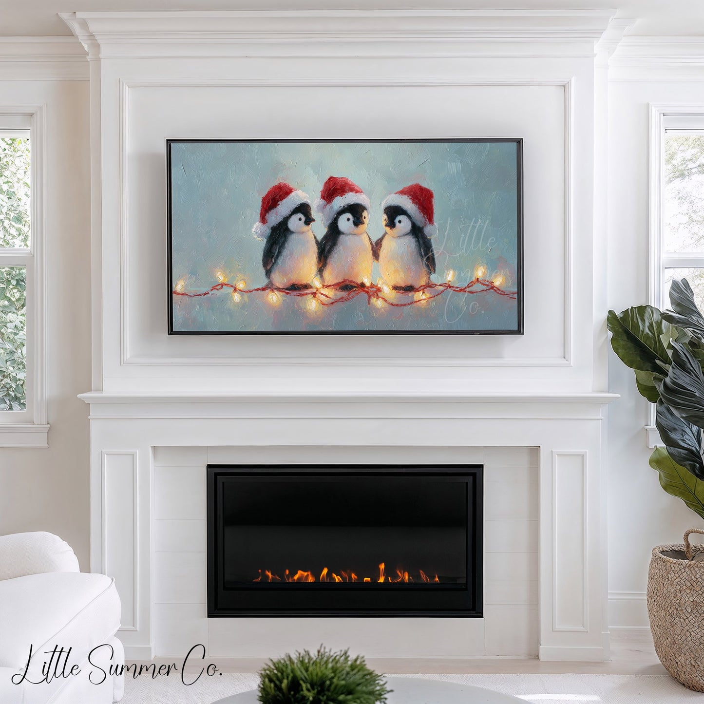 Penguins with Christmas Lights Frame TV Art displayed on a TV