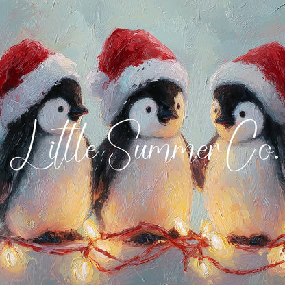 Penguins with Christmas Lights Frame TV Art displayed on a TV