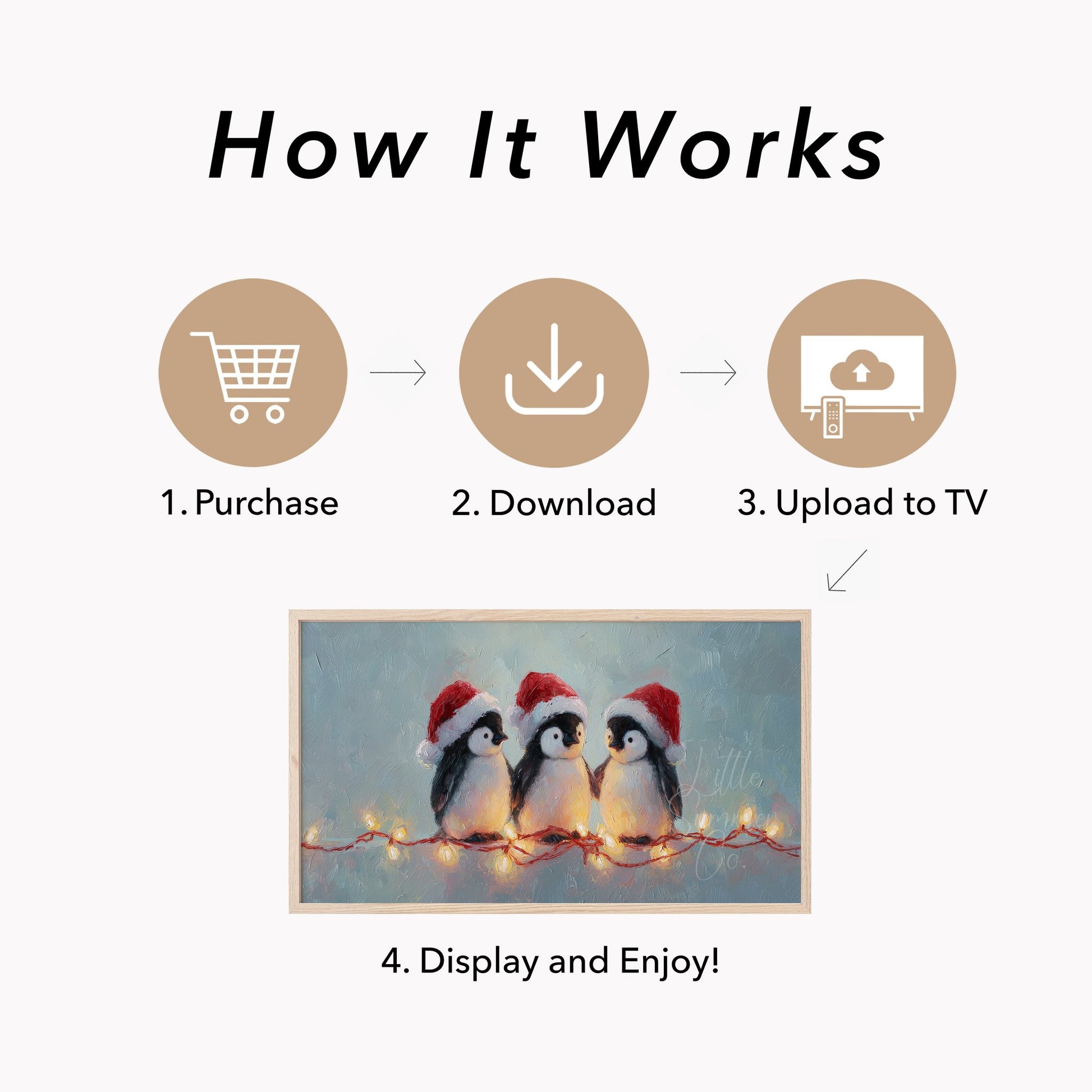 Penguins with Christmas Lights Frame TV Art displayed on a TV