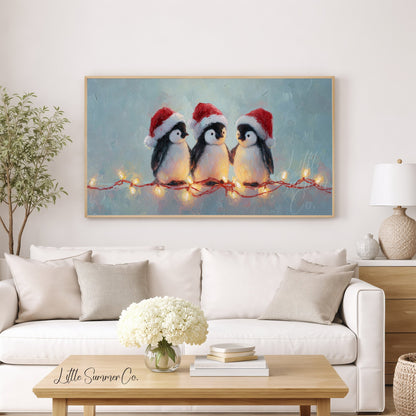 Penguins with Christmas Lights Frame TV Art displayed on a TV