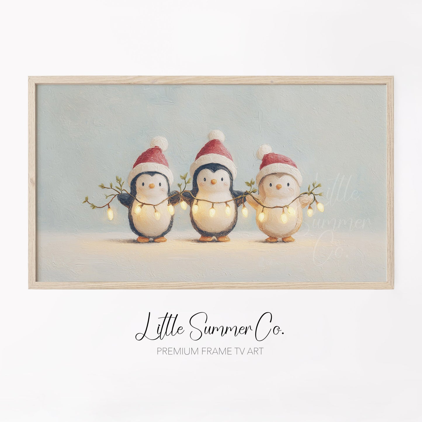 Penguins Holding Fairy Lights Frame TV Art displayed on a TV