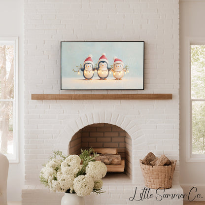 Penguins Holding Fairy Lights Frame TV Art displayed on a TV