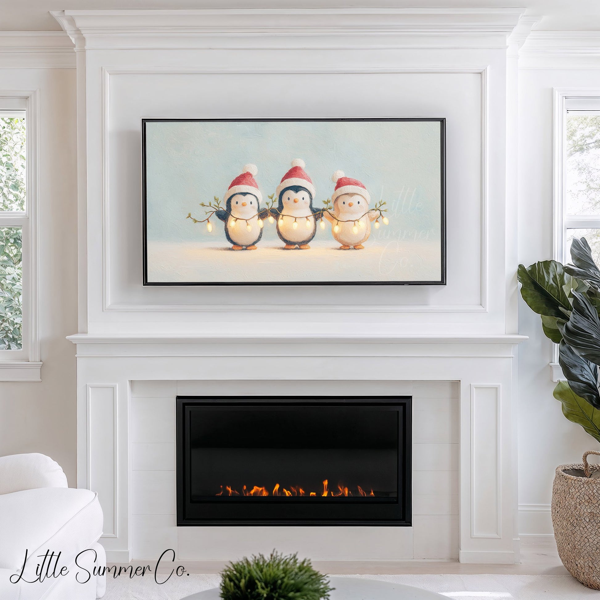 Penguins Holding Fairy Lights Frame TV Art displayed on a TV