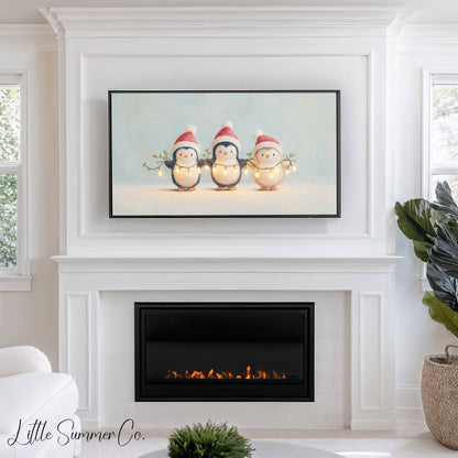 Penguins Holding Fairy Lights Frame TV Art displayed on a TV