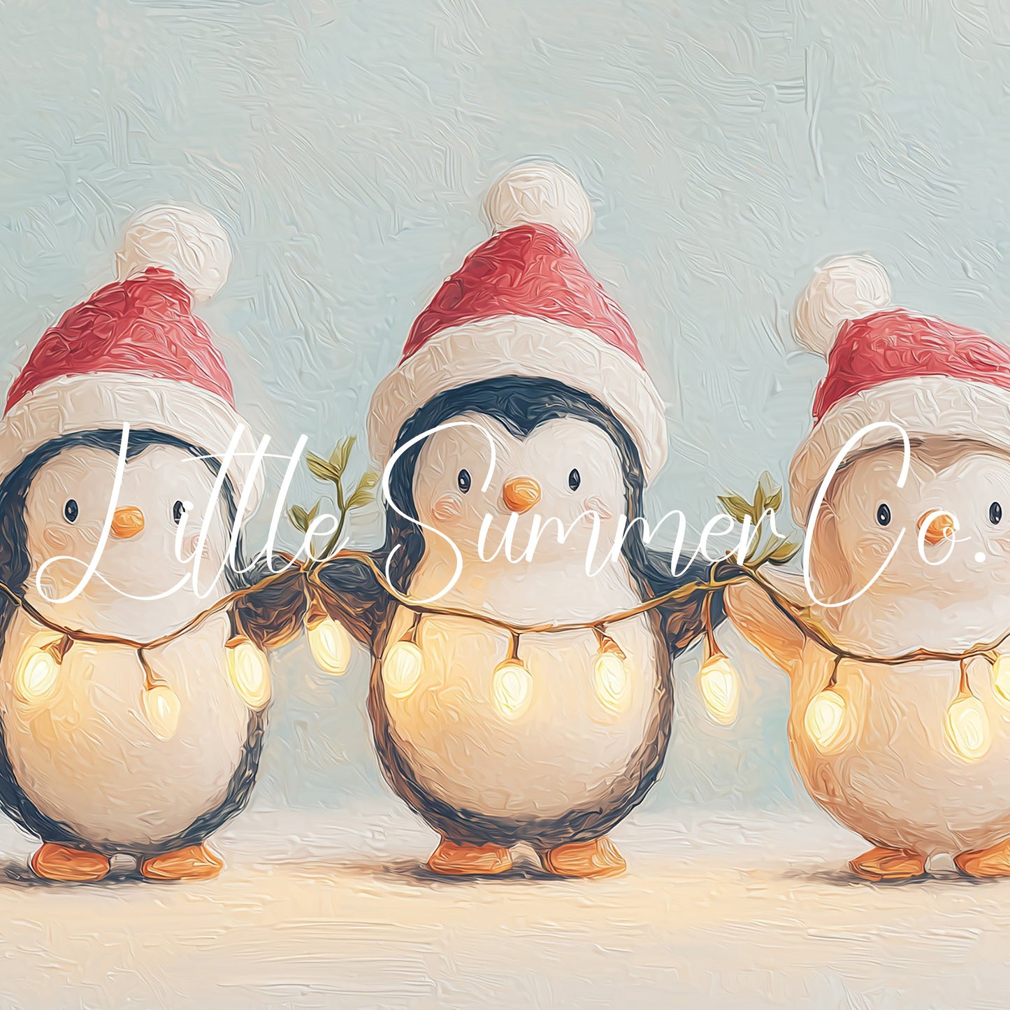 Penguins Holding Fairy Lights Frame TV Art displayed on a TV
