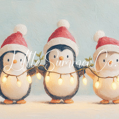 Penguins Holding Fairy Lights Frame TV Art displayed on a TV