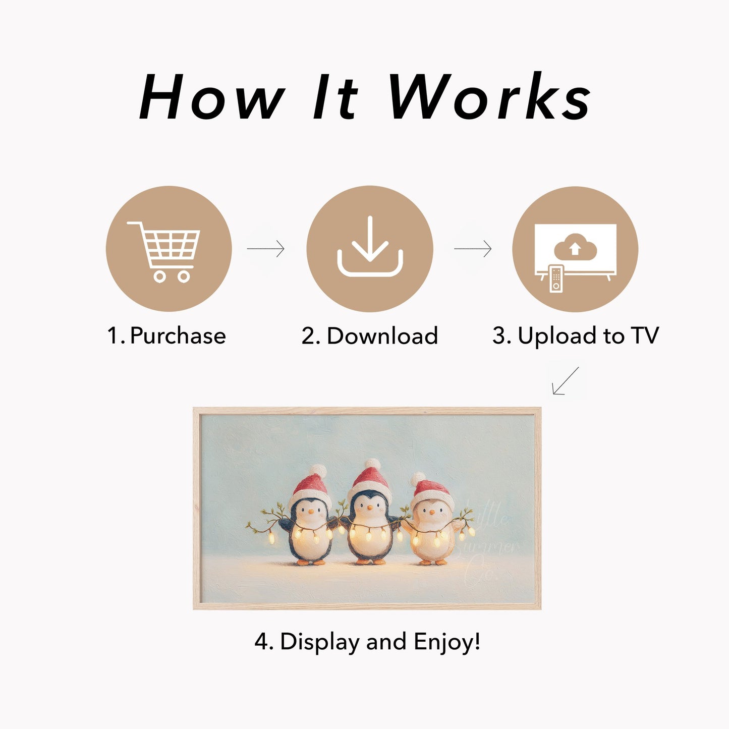 Penguins Holding Fairy Lights Frame TV Art displayed on a TV