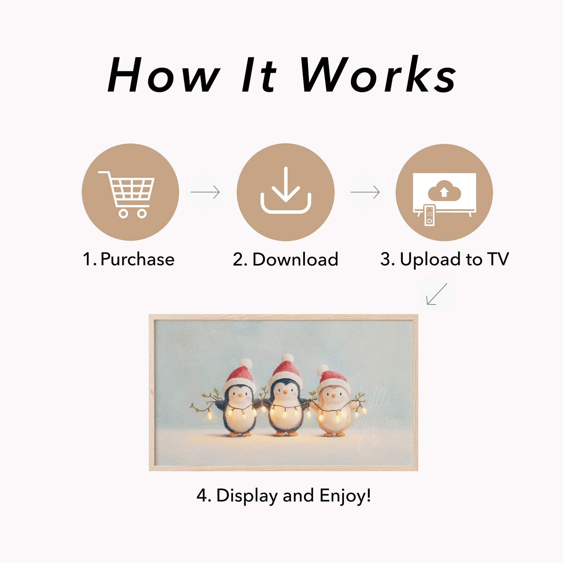Penguins Holding Fairy Lights Frame TV Art displayed on a TV