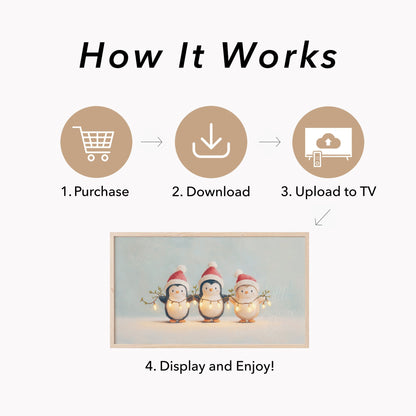 Penguins Holding Fairy Lights Frame TV Art displayed on a TV
