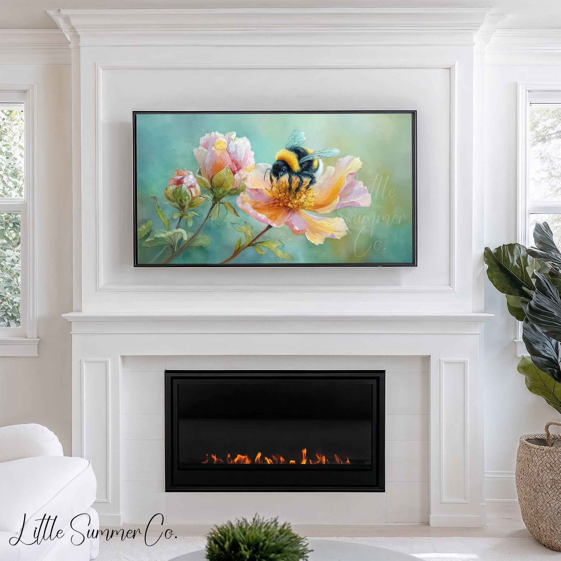 Bumblebee Flower Frame TV Art displayed on a TV