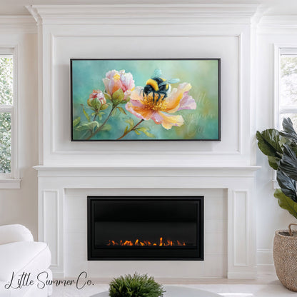 Bumblebee Flower Frame TV Art displayed on a TV