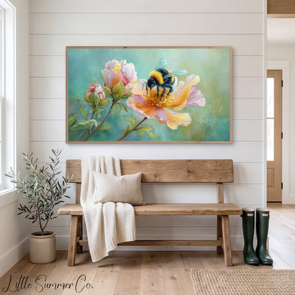 Bumblebee Flower Frame TV Art displayed on a TV