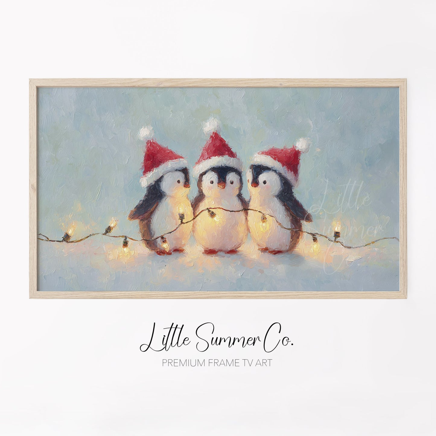 Christmas Penguins with Fairy Lights Frame TV Art displayed on a TV